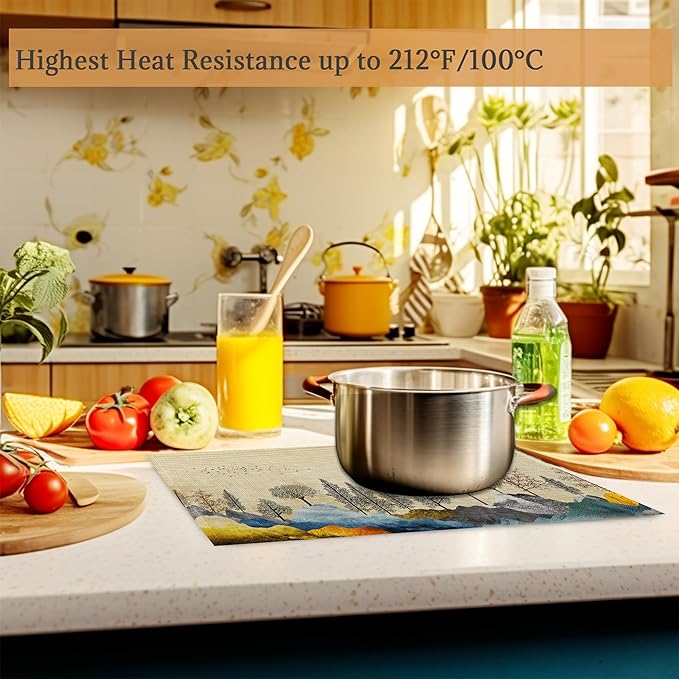 Trees with Mountains Placemats Set of 6 Washable Table Mats for Kitchen Dining Table,Heat-Resistant Place Mats for Indoor Outdoor Party Holiday Decoration（Landscape）