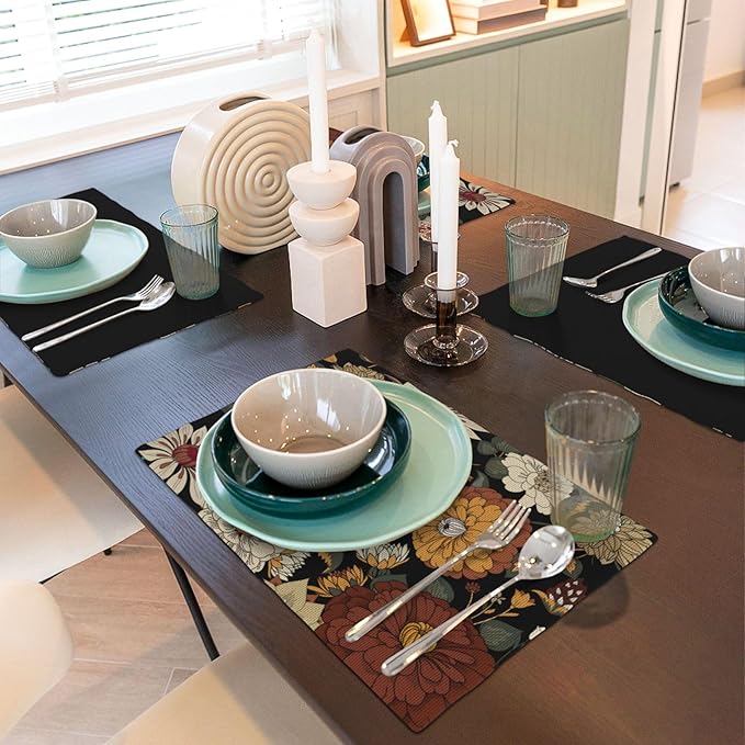 Boho Flower Placemats, Colorful Bohemian Floral Place Mat Set of 4,Wildflower Summer Table Mats for Party Kitchen Dining Decoration 4 PCS, Style-10