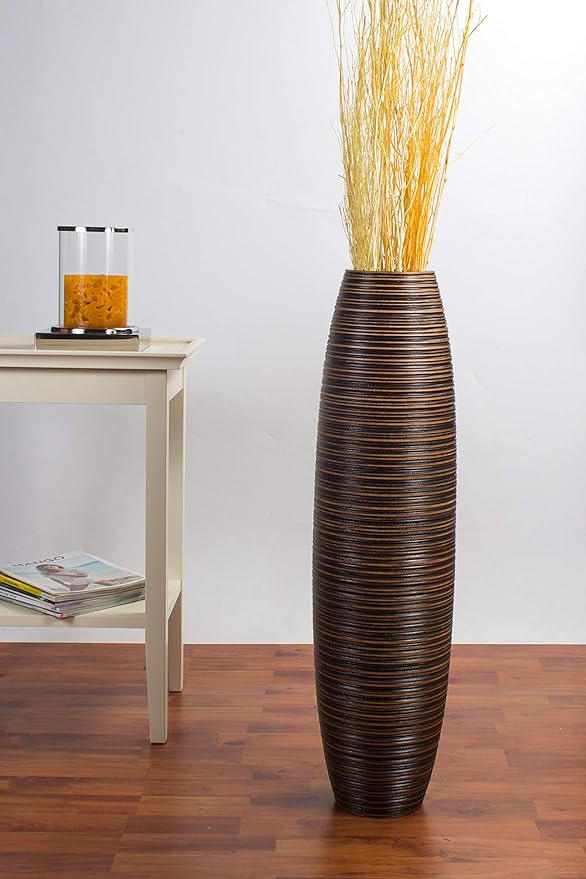Leewadee Large Brown Home Decor Floor Vase - Wooden 26 inch Tall Farmhouse Decor Flower Holder for Fake Plant and Pampas Grass