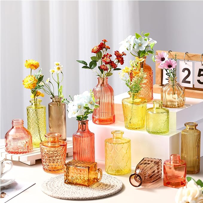 Yaomiao 30 Pcs Vases Bulk Colored Flower Glass Christmas Vases Bud Vintage Colored Glass Bottles Colorful Rustic Embossed for Home Wedding Table Decorations Gifts(Orange Yellow Series)