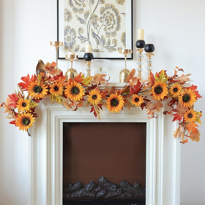Mizii Artificial Sunflower Garland 6FT Fake Silk Sunflowers Flower Garland Autumn Hanging Vines Decorations for Kitchen Table Centerpieces Room Wall Party Wedding Birthday Fall Decor (Orange)