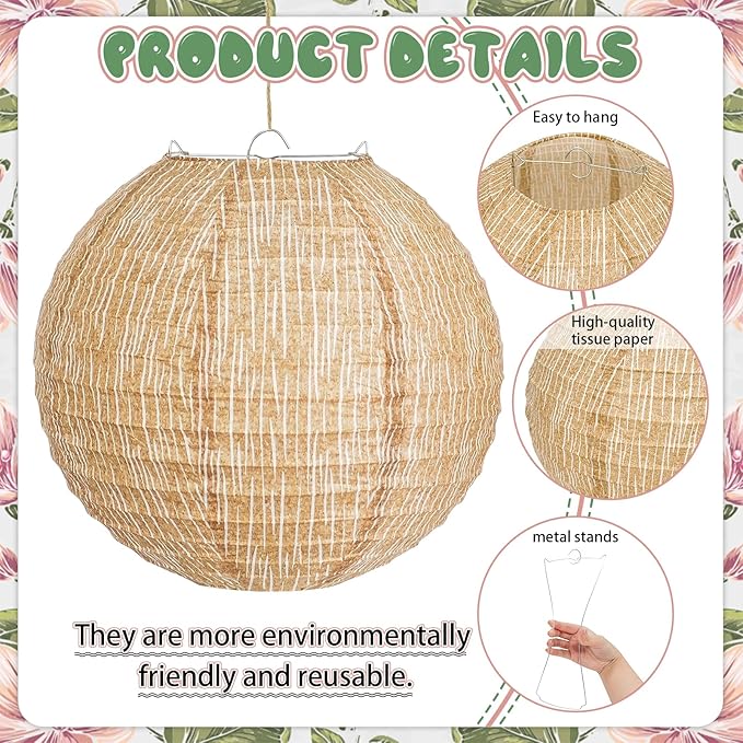 10 Pcs 8-Inch Neutral Boho Paper Lanterns | Rustic Burlap Print Hanging Decor for Wedding, Bridal Baby Shower, Dorm Room, All-Season Home Patio