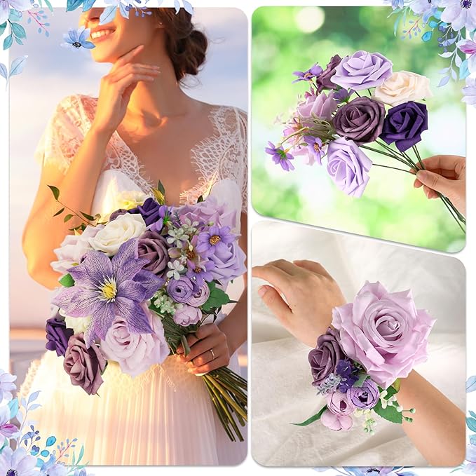 Jspupifip Purple Artificial Silk Flowers Combo Box Set, Fake Roses Daisy Flowers Arrangement Bouquets for DIY Wedding Flower Centerpiece Baby Shower Floral Home Decor