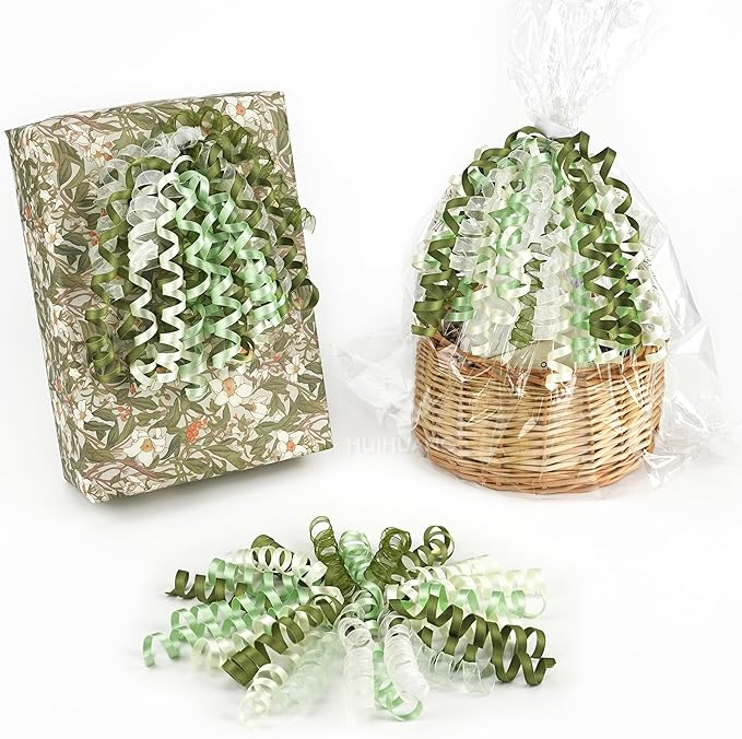 HUIHUANG Green Bows for Gift Wrapping Moss/Sage/Ivory Curly Bows with Self Adhesive & Twist Tie, 7 inch Sheer Satin Ribbon Bow for Presents, Gift Basket, Wedding Decor, Party Favors- 6 Counts