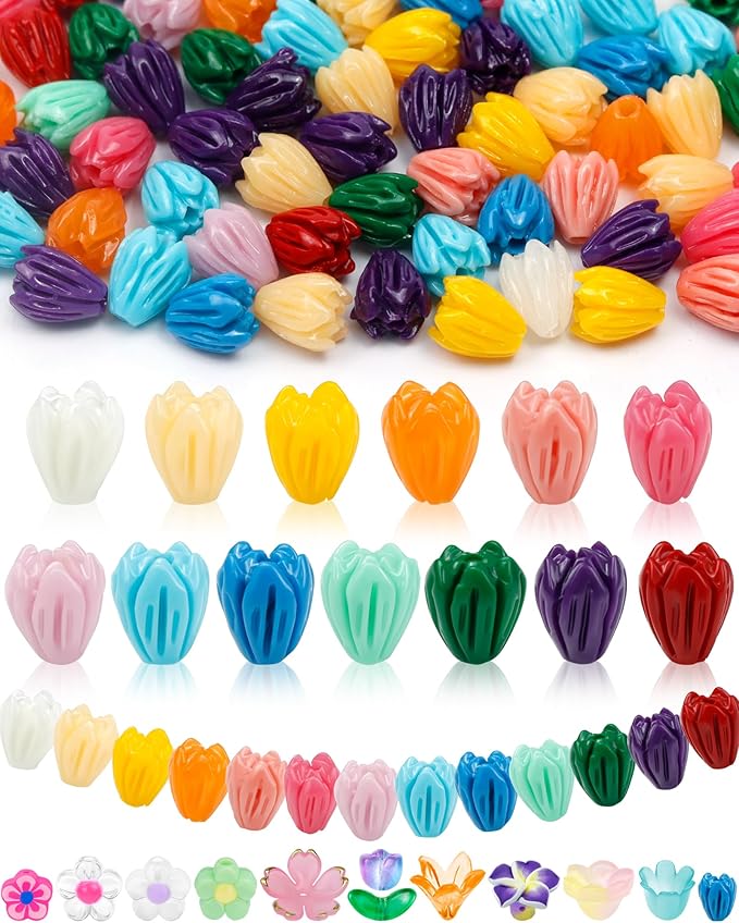 FIVEIZERO 100PCS Resin Flower Beads, 13 Colors Hawaiian Crown Floral Bead Charms for Bracelets, Necklaces & DIY Jewelry Making Crafts