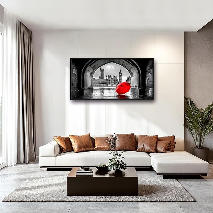 London City Large Wall Art Black and White Framed Red Wall Decor for Living Room, Big Ben Pictures Oversized Canvas Print Painting Modern Extra Large Framed Artwork for Bedroom Office 60"x30"