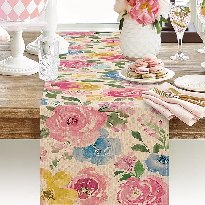 Seliem Spring Summer Watercolor Flower Table Runner, Peony Floral Kitchen Dining Table Decor, Seasonal Burlap Home Decoration Indoor Outdoor Party Supply 13 x 72 Inches
