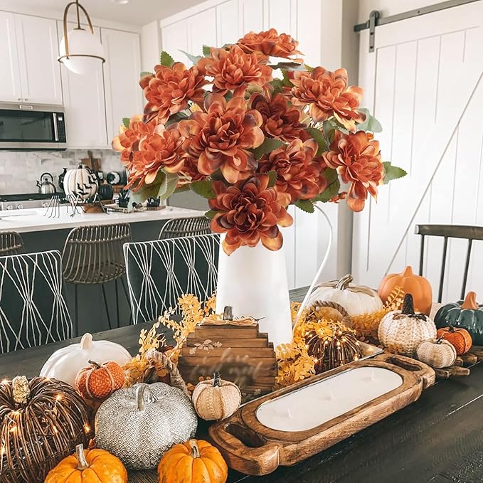 Uieke 12PCS Artificial Daisy Mums Flowers with Stem, Burnt Orange Silk Flowers Arrangement for Home Party Fall Wedding Bouquet Thanksgiving Table Centerpieces Decor (Vintage Terracotta)