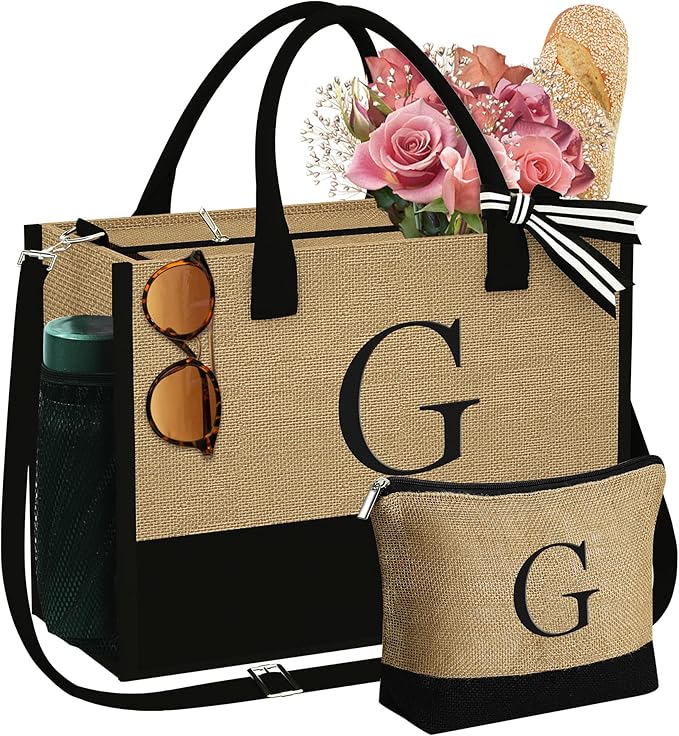 YOOLIFE Christmas Gifts for Women - Initial Jute Tote Bag & Makeup Bag, Birthday Gifts for Women Mom Wife Teacher Friend