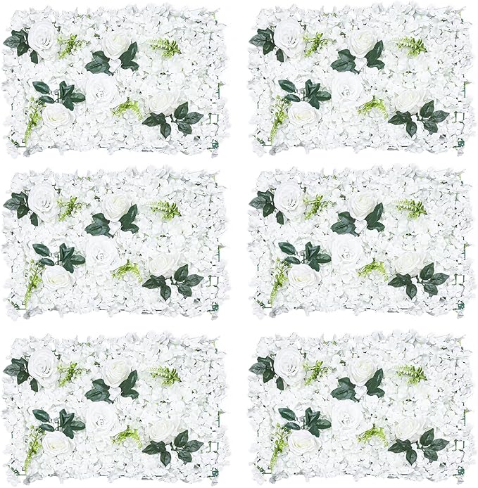 Gdrasuya10 6 Pcs Artificial Flower Wall Panels 3D Flower Background Panel for Wall, 60x40cm Wedding Flower Decorations Wall Silk Rose Panels for Party, Nail, Photo Areas, Stage Background (White)