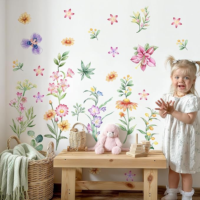 Tanlaby Retro Colorful Wildflower Wall Stickers, Garden Floral Wall Decals Retro Flower Decal Peel and Stick Wall Decals Walll Art Decor for Bedroom Office Sofa TV Backdrop