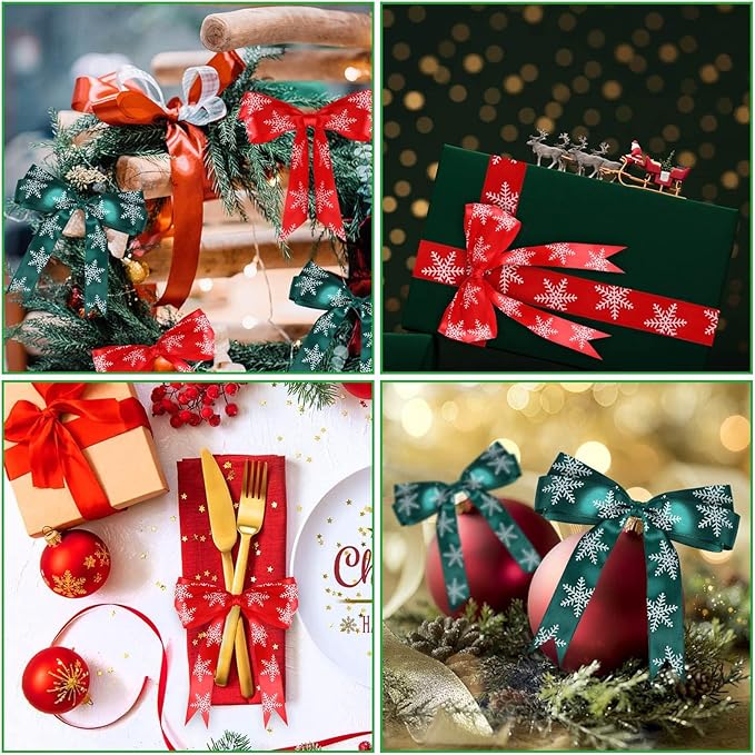 DECYOOL 4 Rolls 100 Yards Christmas Snowflake Ribbons for Gift Wrapping, 25mm Wide Red and Green Satin Ribbon for Festival Holiday Party Decorations DIY Crafts
