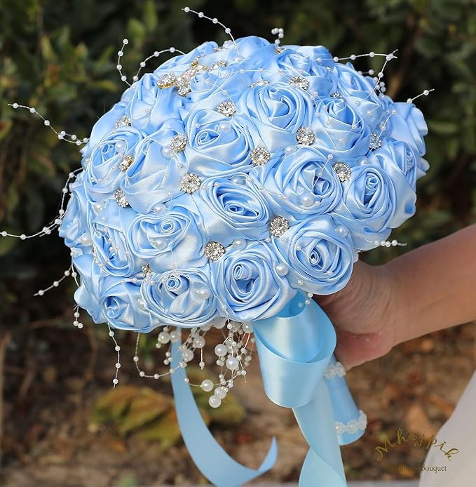 Bridal Wedding Bouquet Round Bling Brooch Bouquet Throw Toss Artificial Rose Flower Bunch for Bride Bridesmaid Wedding Quinceanera(Light Blue, 9.8")
