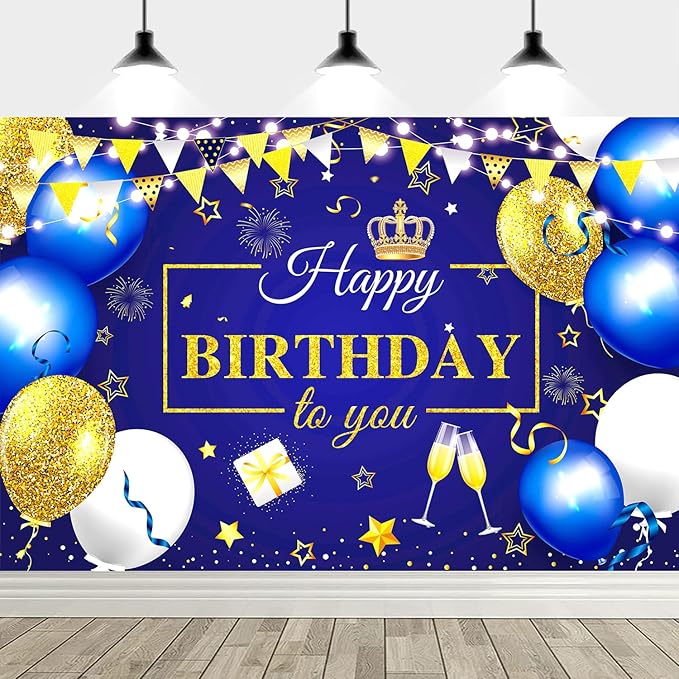 YinQin 180x120 cm Royal Navy Gold Happy Birthday Party Photography Backgrounds Backdrops Cloth 71x47 inch Glitter Navy Blue Golden Happy Birthday Sign Banners Decorations Supplies for Women Men