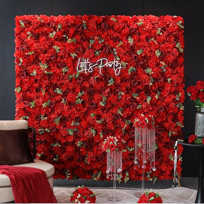 Artificial Flower Panels for Wall Backdrop 12Pack- 3D Floral Mat Silk Rose Hydrangea for Home Party Wedding Birthday Photo Background, Festival & Event Wall Décor（15 * 15 * 6.7inches, Dark Red）