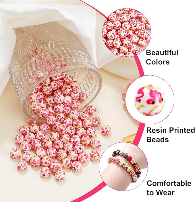 100 PCS 10mm Resin Beads Bulk for Bracelet Making Kit, Flamingo Printed Round Loose Beads for Jewelry Earring Necklace Rings Art Craft DIY Projects