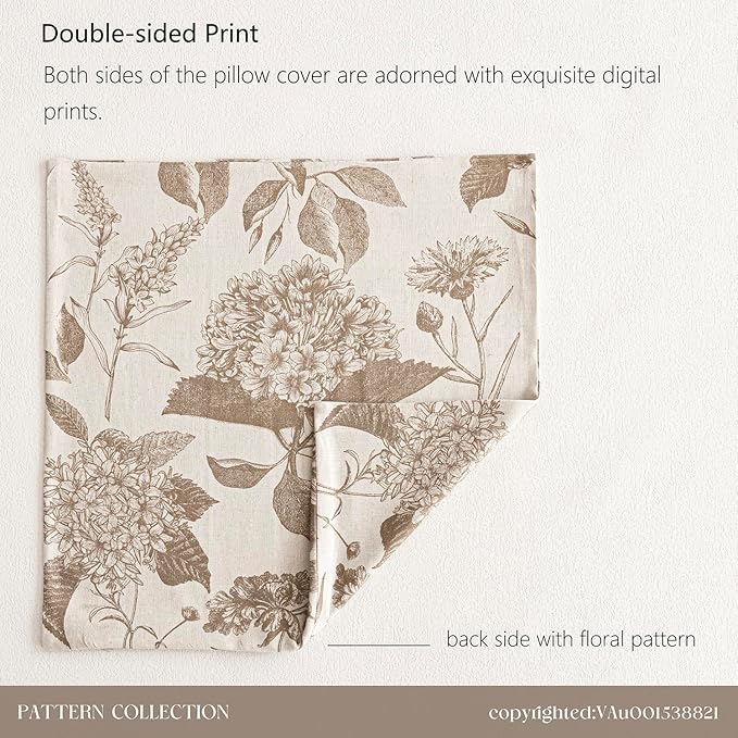 Foindtower Set of 2 Linen Floral Vintage Throw Pillow Covers Neutral Accent Decorative Cushion Covers Farmhouse Boho Home Decor for Sofa Chair Couch Bedroom Living Room,18×18 Inch,Light Brown