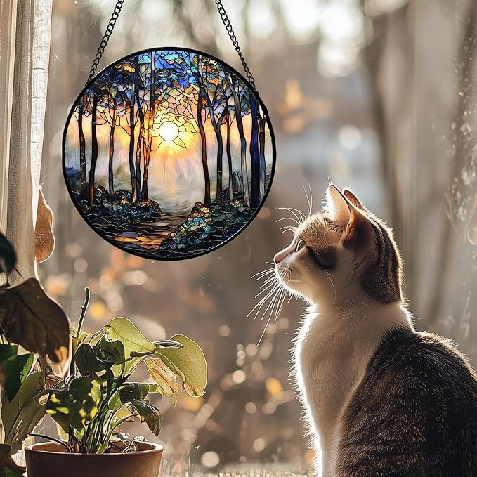 Stained Glass Window Hanging, Forest Sunrise Smoke Blue Brown Tree Suncatcher for Doors Window Home Landscape Sun Catchers Decor Mother's Day Birthday Gifts for Women, Men Mom 6.3 in
