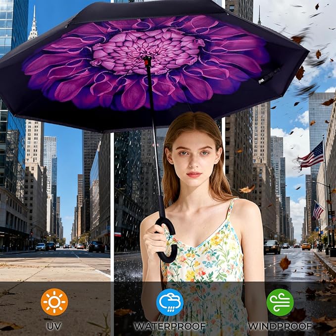 Inverted Umbrella, 49 Inch Double-Layer Vented Reverse Umbrella, Windproof Waterproof UV Protection, Lightweight C-Handle, Fiberglass Ribs, Steel Shaft, Travel/Commute/Car Use, With Sleeve