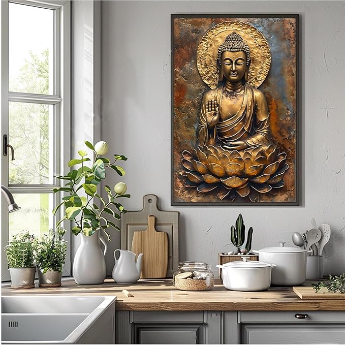 Buddha Wall Art Golden Buddha in Lotus Seat Serene spiritual statue radiant aura Meditation and mindfulness wall art suitable for sacred spaces 12x18in Metal blackFramed
