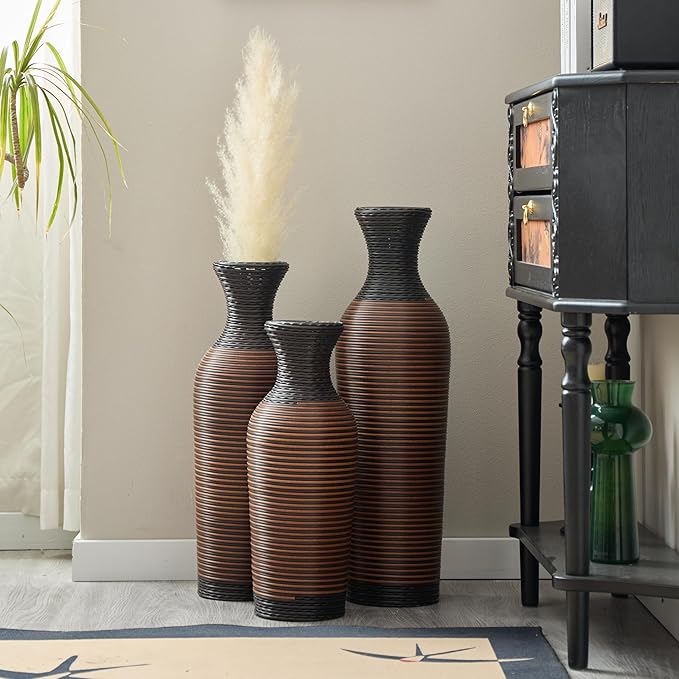 3 Pack Floor Vases Home Decor Large Tall, Modern Vintage PVC Vase for Living Room Floor Vase Set for Decorative Home 24-28 Inch 3pcs Black+Brown