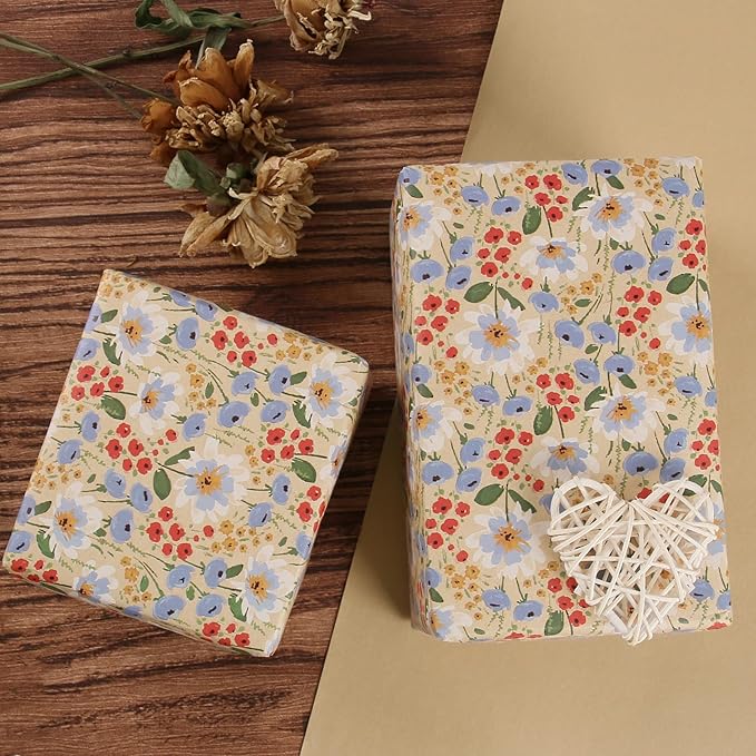 Aimyoo Watercolor Floral Kraft Wrapping Paper Roll, All Occasion Vintage Flower Gift Wrap for Wedding Birthday Bridal Shower, 17 inch x 10 ft