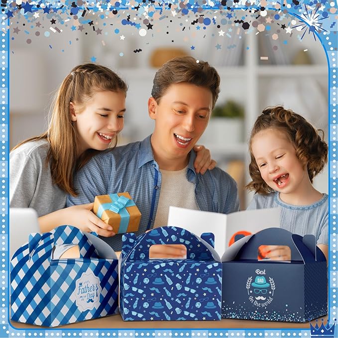 24 Pcs Father's Day Gift Boxes Happy Father's Day Party Supplies Blue Goodie Candy Boxes Holiday Paper Gift Container for Dad's Birthday Decoration