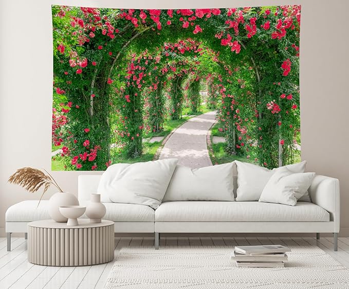 6ftx4ft Spring Flower Garden Backdrop Blossoms Flower Arch Garden Architecture Pillars Blooming Flowers Garden Pathway Photo Background Outdoor Wedding Portraits Photo Studio Props Wallpaper