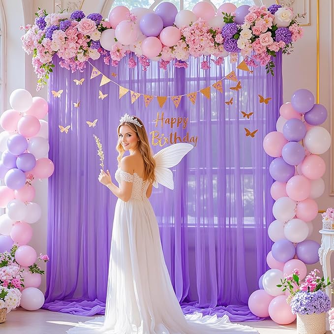 Purple Sheer Backdrop Curtain for Baby Shower Girls Birthday Party 10ft X 10 ft, 2 Panels Purple Tulle Backdrop Curtains Drapes for Wedding Photoshoot Background Decorations