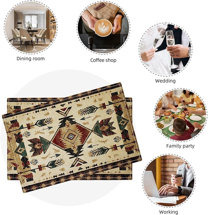 Southwestern Placemats Set of 6, Farmhouse Boho Ethnic Place Mats, Rustic Turkish Dining Table Mats, Washable Placemats for Kitchen Dining Room Home Decor 18L'' × 12W''