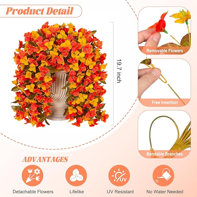 2 pcs Artificial Faux Bougainvillea Fall Flowers Plants for Outdoor Outside Decoration, Fake Silk UV Resistant Long Trailing Vines for Front Door Porch Planter Balcony Decor