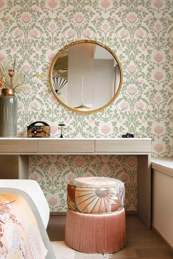 Peel and Stick Wallpaper Pink Floral Damask Wallpaper for Bedroom Decorative Self Adhesive Shelf Drawer Liner