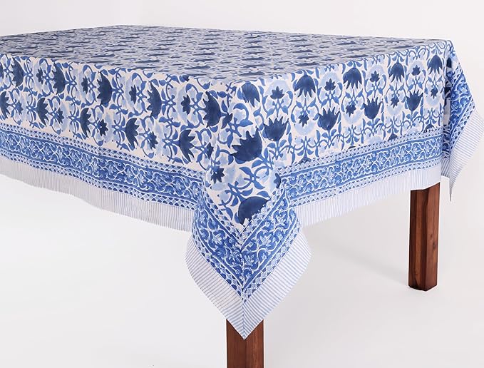 ATOSII Positano Blue 100% Cotton Rectangle Fall Tablecloth, Handblock Floral Linen Table Cloth for Kitchen Dining Table I Parties Wedding Christmas Thanksgiving I Fall Decor 60 X 108 Inches I 8 Seater