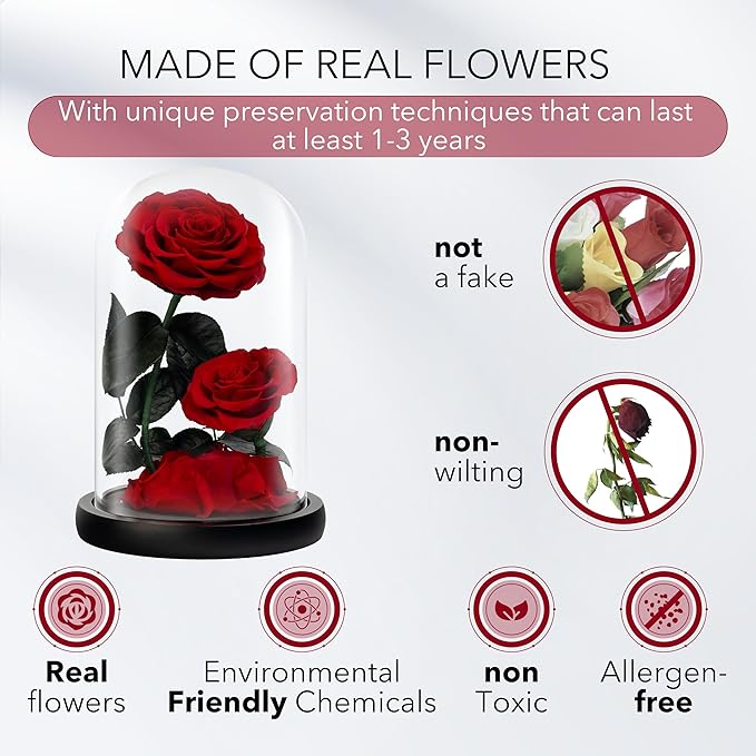 Eternal Flower in a Glass Dome: Preserved Rose - The Perfect Forever Infinity Rose Gift for Her on Valentine's Day, Mother's Day, Birthday, Anniversary, Wedding, and Christmas (9 inch)