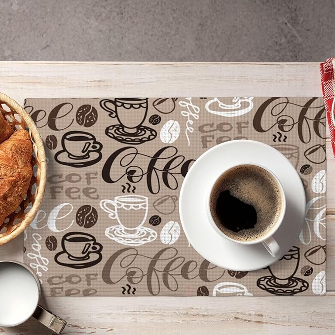 Coffee Theme Linen Placemats Set of 6 Vintage Brown Coffee Cup Table Mats Heat Resistant Place Mats for Home Party Kitchen Dining Decoration 12x18 Inch