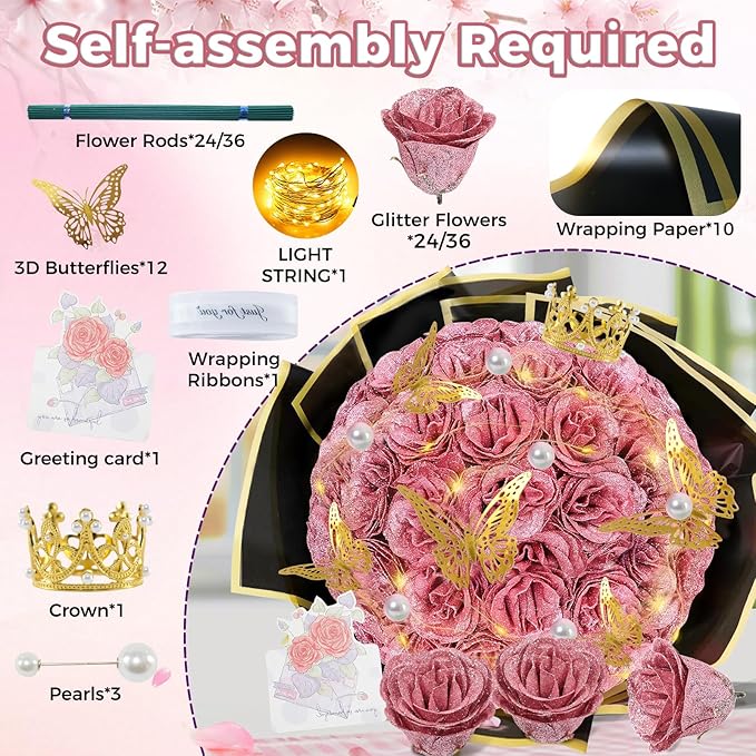 Gold Rose Glitter Roses Bouquet, 24 Pcs Shiny Glitter Flowers Bouquet, Everlasting DIY Artificial Roses Bouquet for Christmas, Birthday, Anniversary, Wedding, Engagement,Mothers Day,Gifts
