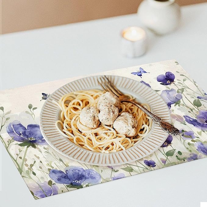 Farmhouse Flowers Placemats Set of 4 Butterfly Lavender Floral Plants Flower Leaves Placemats Rustic Floral Waterproof Washable Table Placemats for Dining Kitchen Decoration 4 PCS