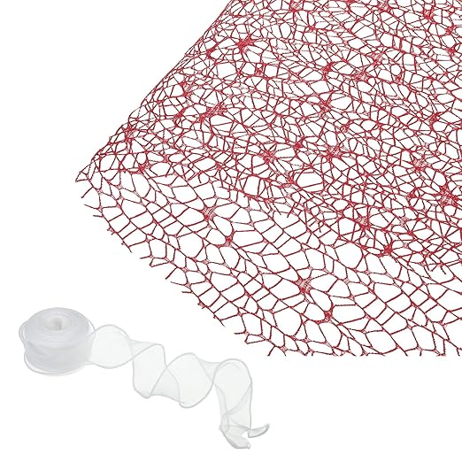 PATIKIL Flower Wrapping Mesh Paper, 15ft Floral Bouquet Craft Packaging Hollow Net Yarn with Ribbon for Flowers Gift Packaging, Red