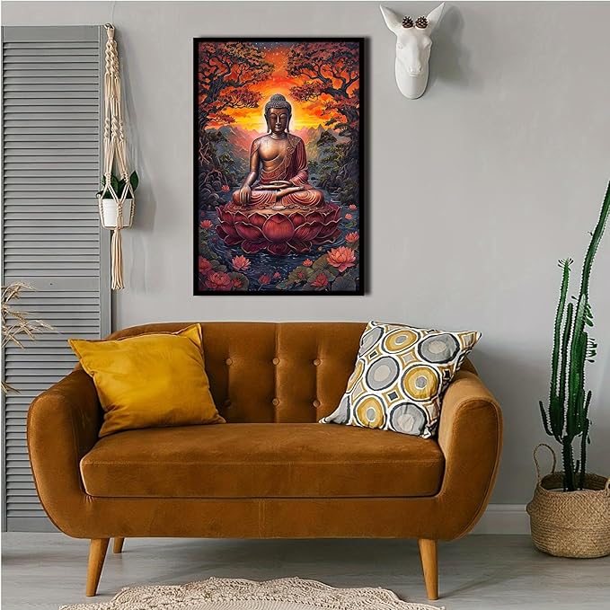 Golden Buddha on lotus seat serene meditation statue amidst lush trees flowing water and sunrise light spiritual home art for a tranquil decor 20x30in Metal blackFramed