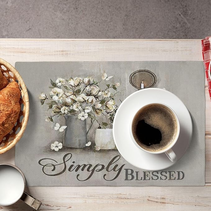 Simply Blessed Placemats Set of 4, Double-Sided Table Mats for Dining Room Home Party Indoor Decor 4 PCS 12x18 Inch