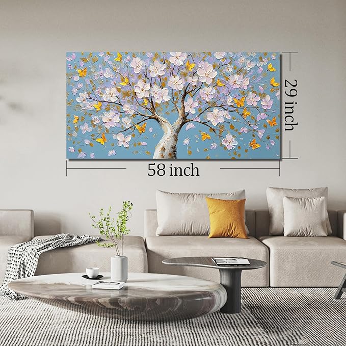 Purple Blossom Tree with Butterflies Canvas Wall Art with Gold Accents, Blue Background Abstract Picture for Living Room Bedroom Wall Decor Printed Painting Artwork Decoration Large Size 58x29 Inches