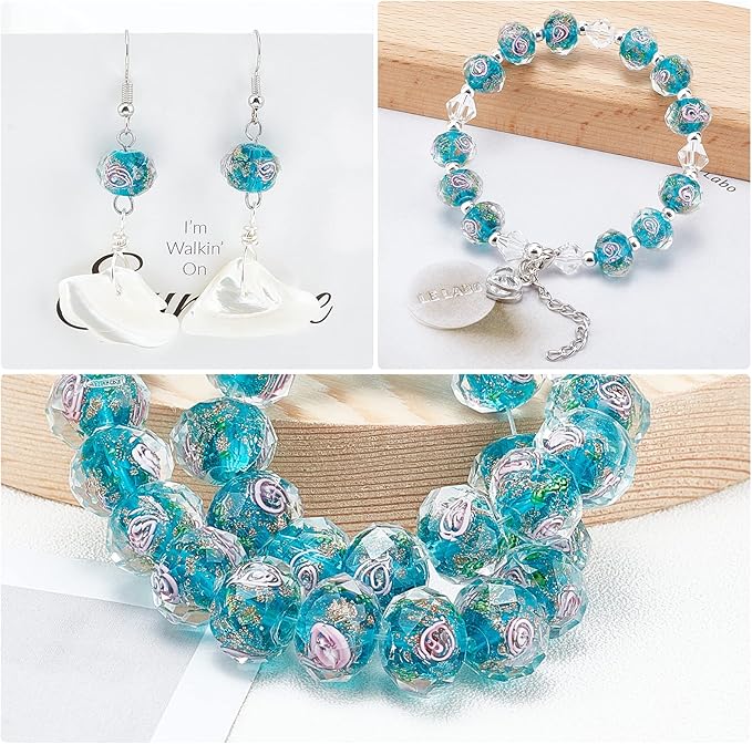 PH PandaHall 45pcs 9~12mm Gold Sand Lampwork Beads Glass Handmade Round Loose Beads for Rosary Making Jewelry Craft Making with 2mm Hole - Dodger Blue