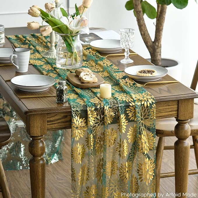 Artoid Mode Green Gold Dahlia Flower Gauze Table Runner 120 Inch 10FT, Glitter Metallic Foil Seasonal Sheer Dining Holiday Table Decor for Home Party