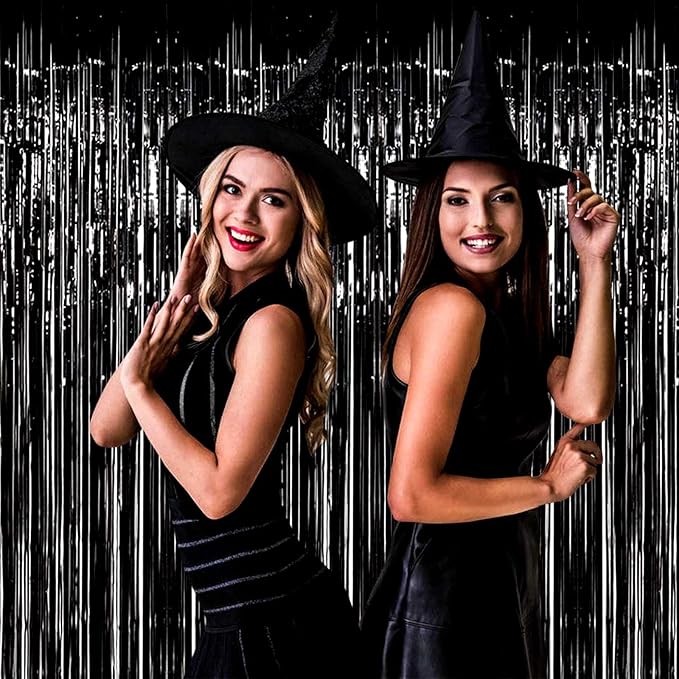 4 Pack Black Foil Fringe Curtain Backdrop, 3.28Ft x 8.2Ft Metallic Tinsel Streamers Curtains for Party, Photo Booth Props, Birthday, 2022 Mother's Day Decor Supplies, One Size