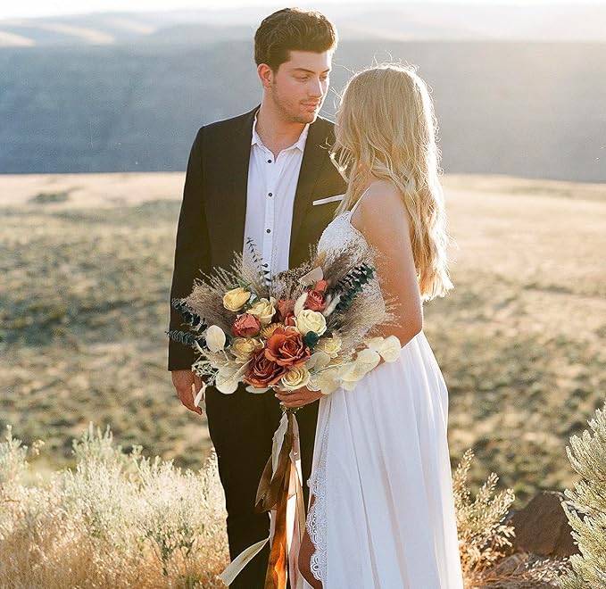 Rinlong 15.7" Wide Fall Wedding Bouquets for Bride Burnt Orange Dried Flowers Pampas Bridal Bouquet for Wedding Boho Terracotta Bouquets