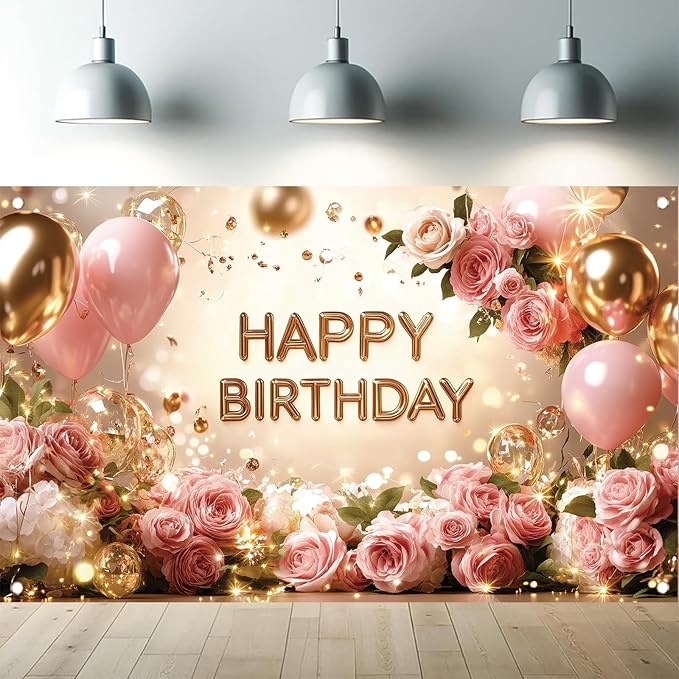 Rose Gold Birthday Backdrop Banner Pink Balloon Floral Rose Photography Background for Girls Women Gold Birthday Party Wedding Baby Shower Decor Photo Booth Supplie 71 x 43 Inch