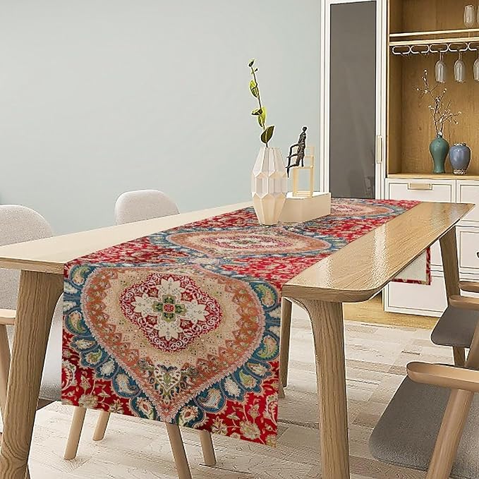 Vintage Persian Table Runner, Boho Traditional Red Ornate Floral Print Table Runner for Kitchen Dining Festive Holiday Party Decor, 13x60 Inch