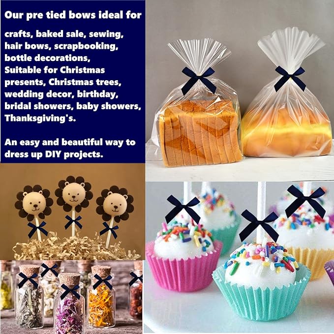 50 PCS 3 Inches Satin Bow Twist Ties, Ribbon Twist Tie Bows for Treat Bags, Pretied Bows, Twist Bows, Tied Bows with Wire, Pre Tied Ribbon Bows for Baby Shower, Favors, Popcorn (Navy Blue)