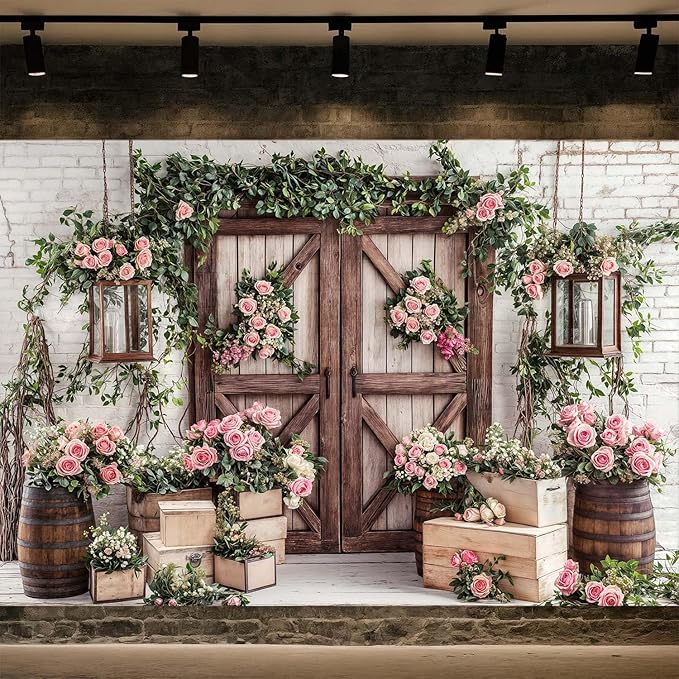 6x6ft Country Wedding Photography Backdrop Floral Rustic Roses Farmhouse Wooden Door Backdrop Pink Flower Birthday Baby Shower Wedding Bridal Party Banner Photo Booth Props Anniversary Background