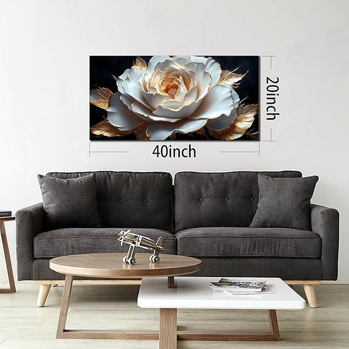 Large White Flower Canvas Wall Art for Living Room Bedroom Home Office Black and White Flower Picture Modern Canvas Prints Framed Wall Decor Artwork Size 20x40
